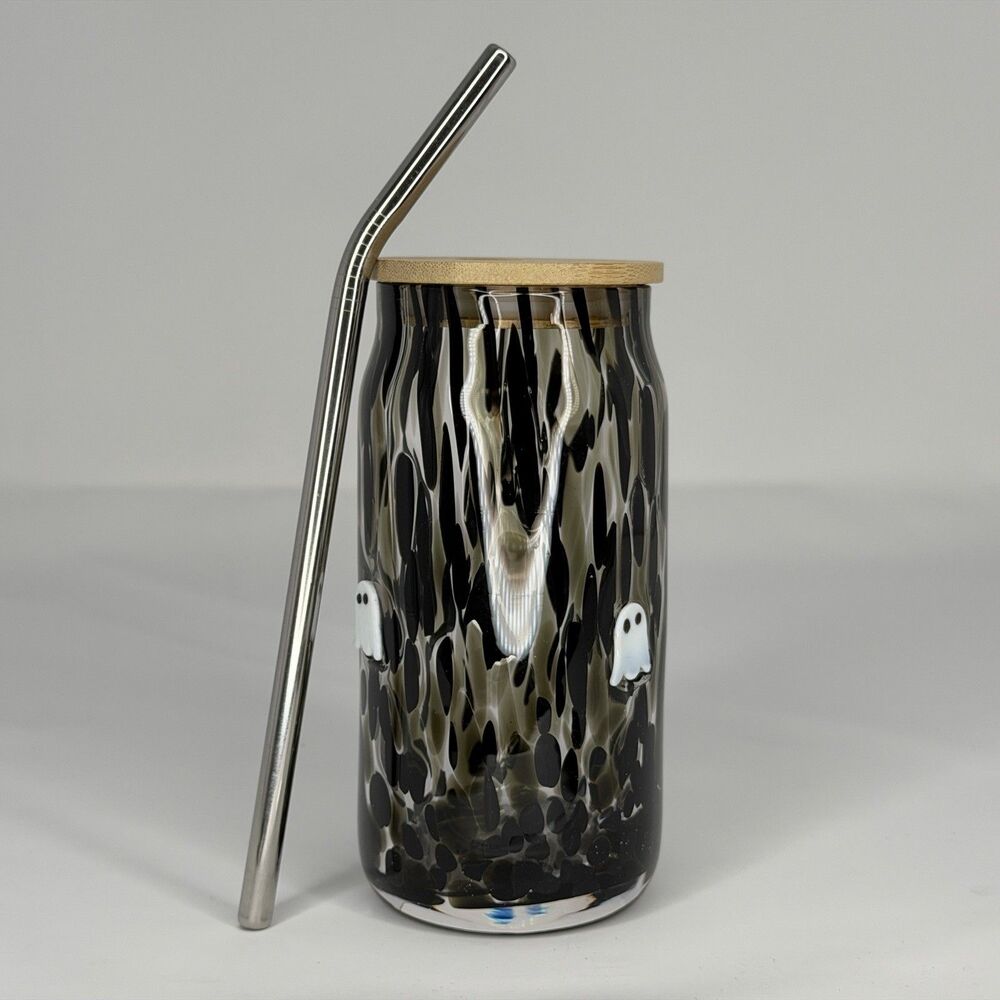 Anthropologie Halloween Juice Glass Black Noir Ghost Mystic Confetti w/ Lid